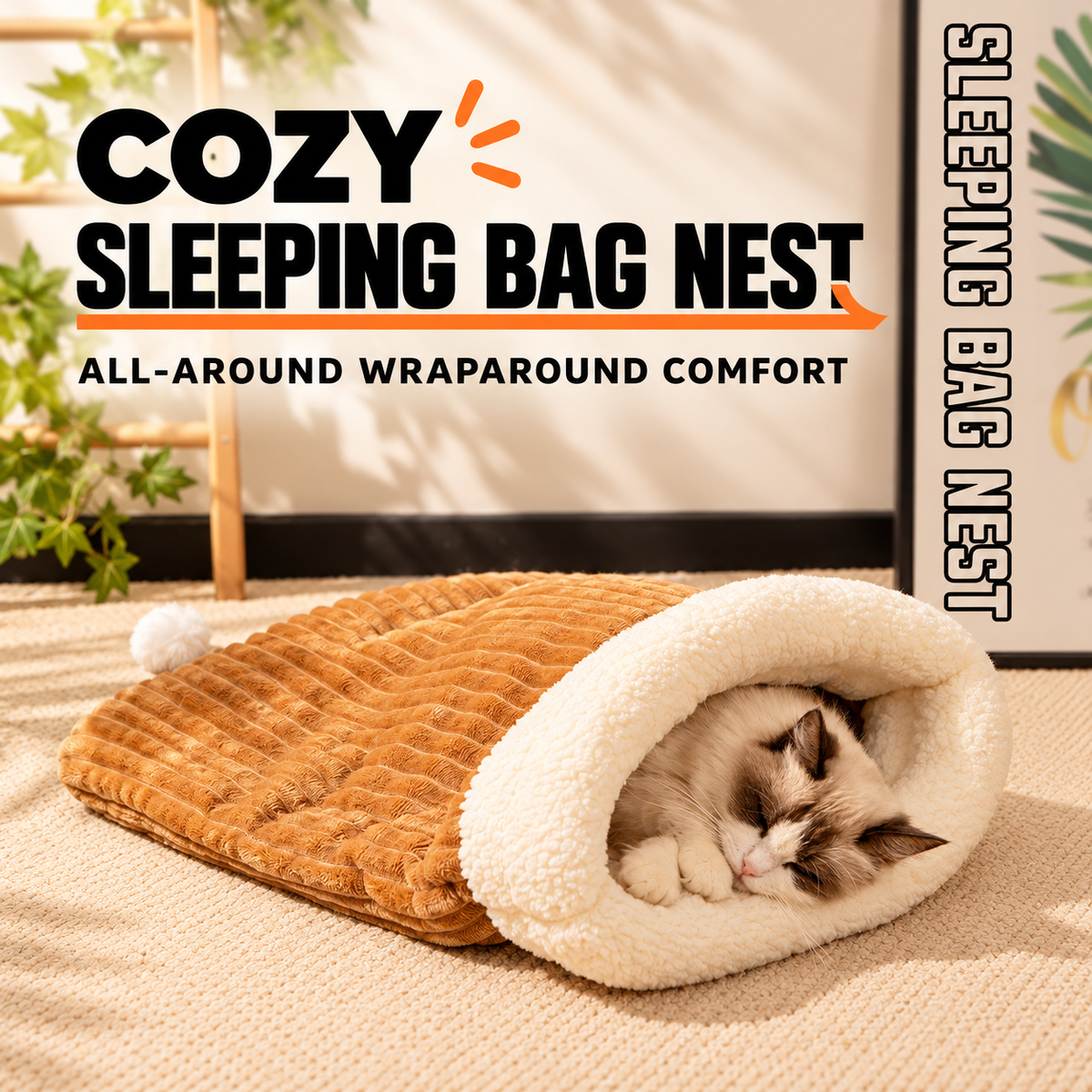 🐾 Cozy Burrow Sleeping Bag Bed – Warm Plush Nest for Cats & Small Dogs