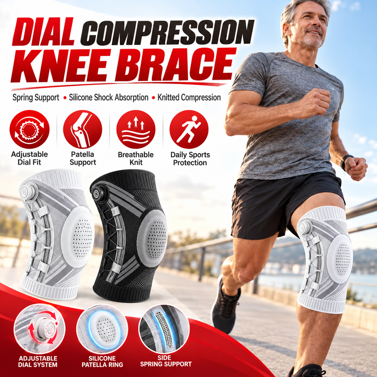Dial-Adjustable Sports Knee Brace with Alloy Spring Support