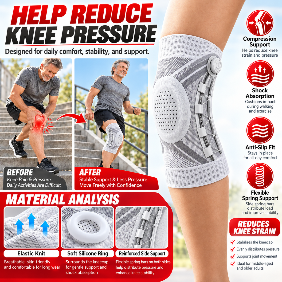 Dial-Adjustable Sports Knee Brace with Alloy Spring Support