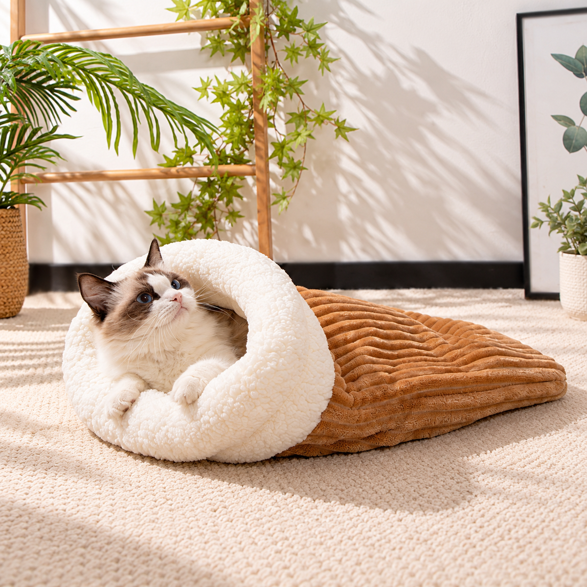 🐾 Cozy Burrow Sleeping Bag Bed – Warm Plush Nest for Cats & Small Dogs