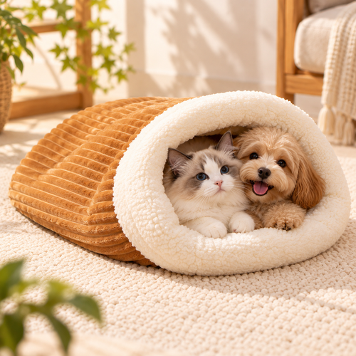 🐾 Cozy Burrow Sleeping Bag Bed – Warm Plush Nest for Cats & Small Dogs