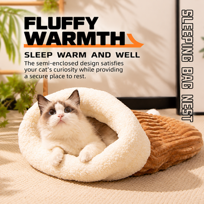 🐾 Cozy Burrow Sleeping Bag Bed – Warm Plush Nest for Cats & Small Dogs