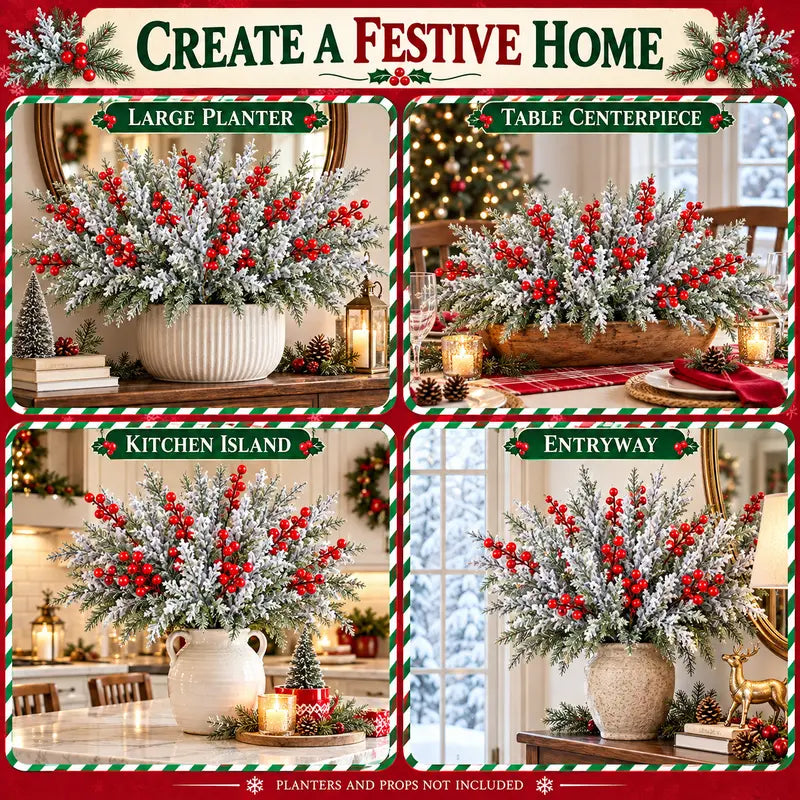 6 Pcs Artificial Frosted Christmas Pine-Cedar Stems with Red Berries, Snowy Evergreen Picks 💐