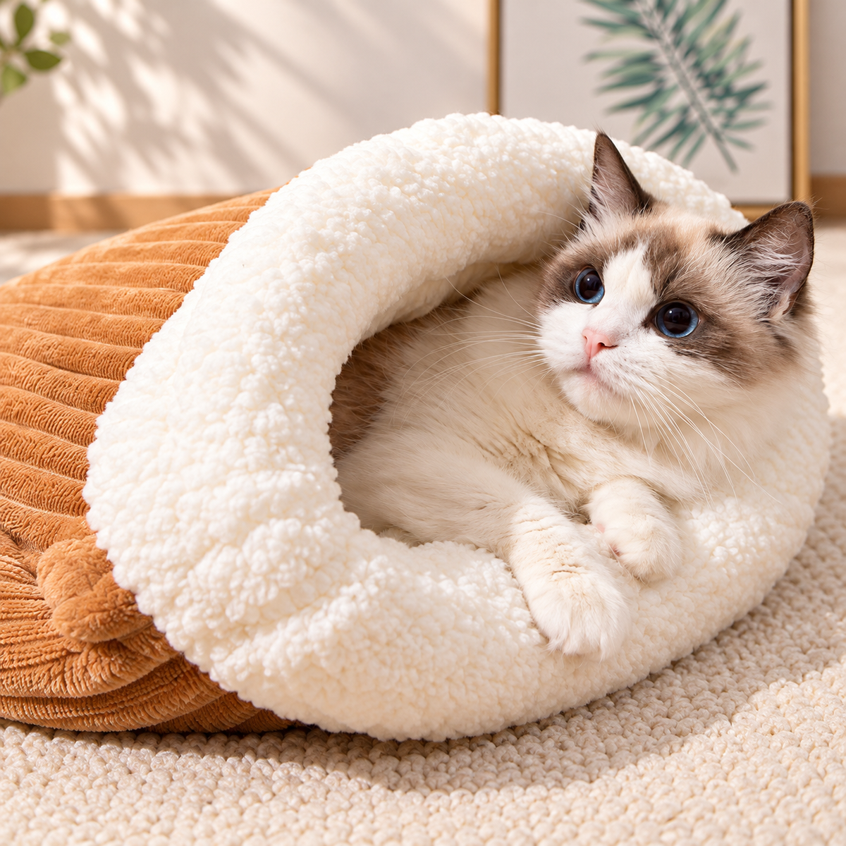 🐾 Cozy Burrow Sleeping Bag Bed – Warm Plush Nest for Cats & Small Dogs