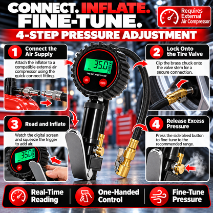 📟 200 PSI Digital Tire Inflator Gauge – 3-in-1 Air Chuck, Pressure Gauge & Bleeder