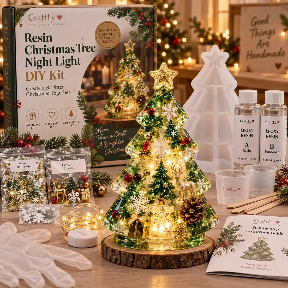 🎄✨ DIY Christmas Glow Tree – Beginner-Friendly Resin Craft Kit with Lights & Festive Decorations