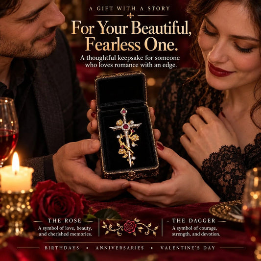 Gothic Rose & Dagger Brooch|Sculpted Golden Roses · Silver-Tone Blade· Ruby-Red Accents