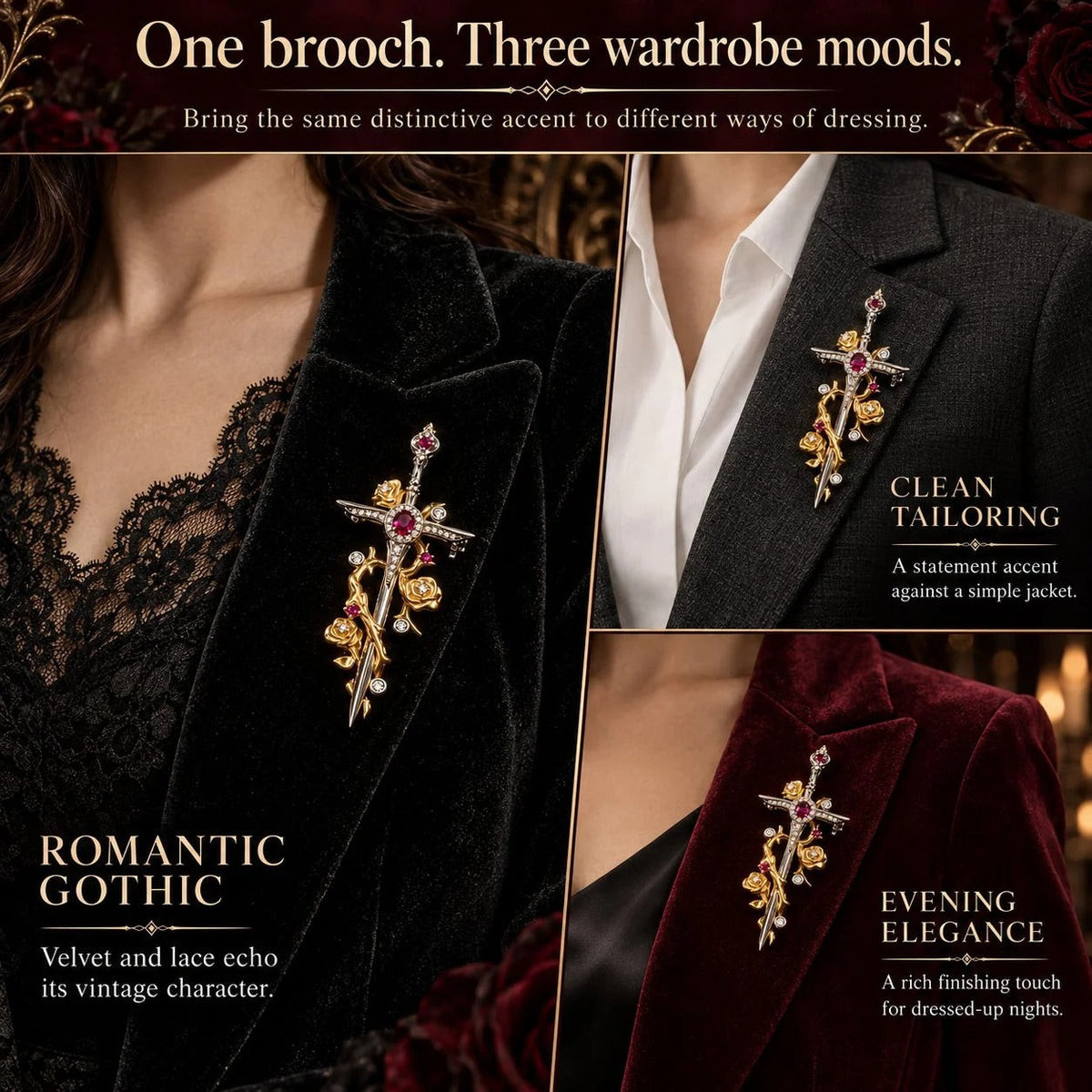 Gothic Rose & Dagger Brooch|Sculpted Golden Roses · Silver-Tone Blade· Ruby-Red Accents